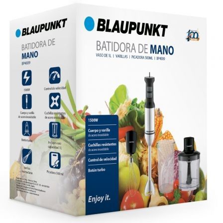 Blaupunkt Batidora de Mano BP4009, 1500W, con Picadora y Vaso de 1L, Acero Inoxidable